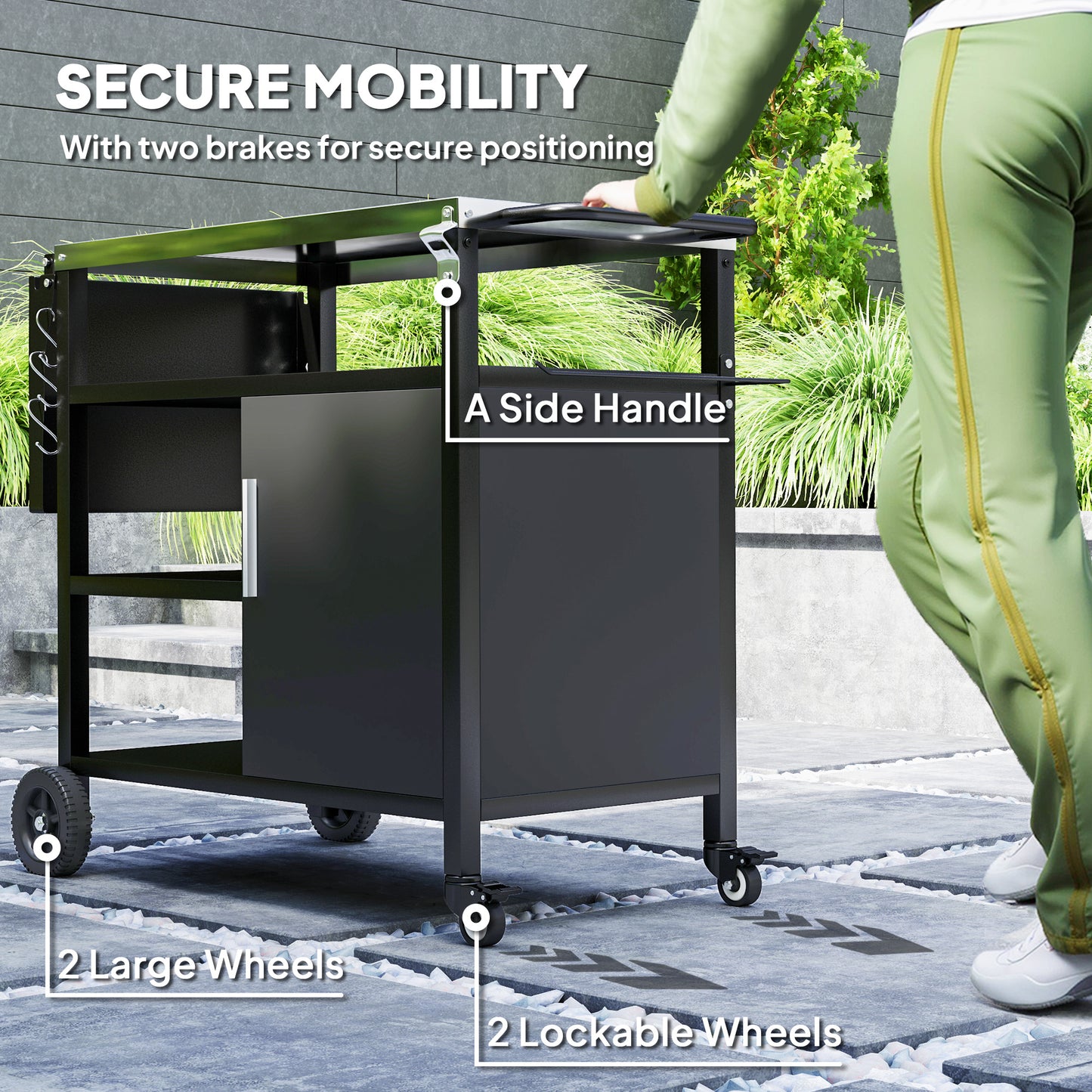 Outsunny Outdoor BBQ Trolley With Foldable Side Table Stainless Steel Top Wheels Shelves Cabinet Movable Grill Cart