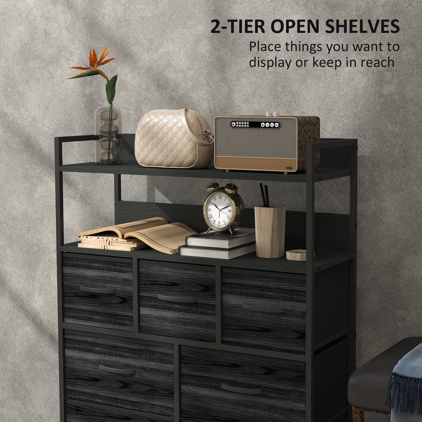 HOMCOM Rustic Chest of Seven Fabric Drawers in Black for Bedroom Storage Solutions
