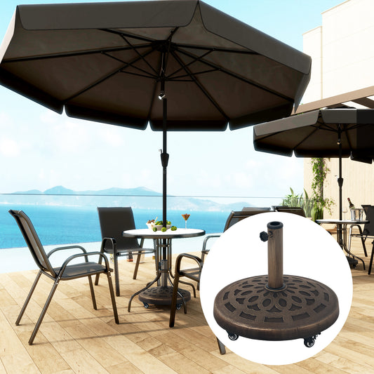 Outsunny 21kg Resin Garden Parasol Base With Wheels Round Umbrella Stand For 32 38 48 Mm Poles Heavy Duty Bronze Tone
