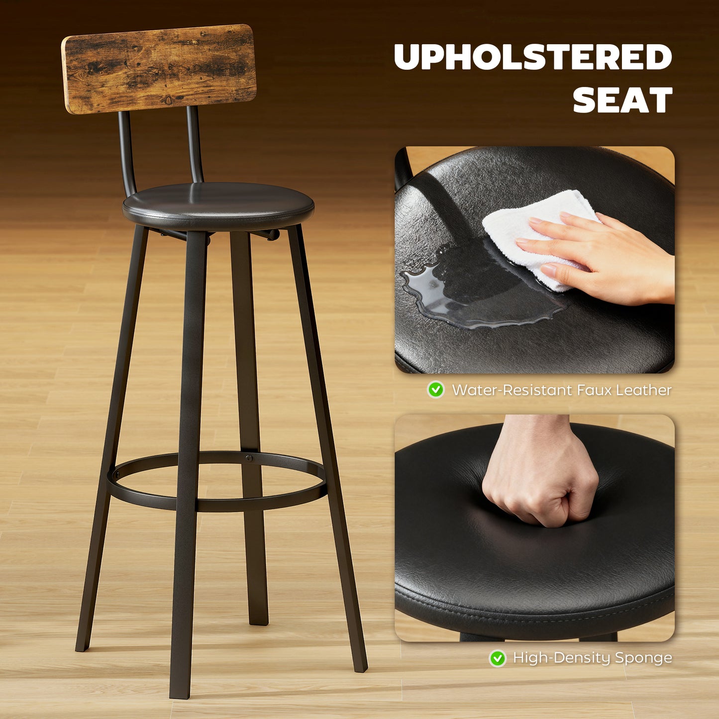 HOMCOM Set Of Two Industrial Style Bar Stools Black Metal Frames Dark Wood Back Panels For 104 To 109 Cm Countertops