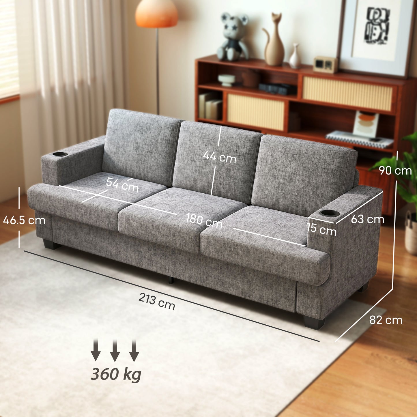 HOMCOM Three Seater Sofa With USB Ports And Cup Holders Grey Chenille Feel Upholstered For Living Room Comfort