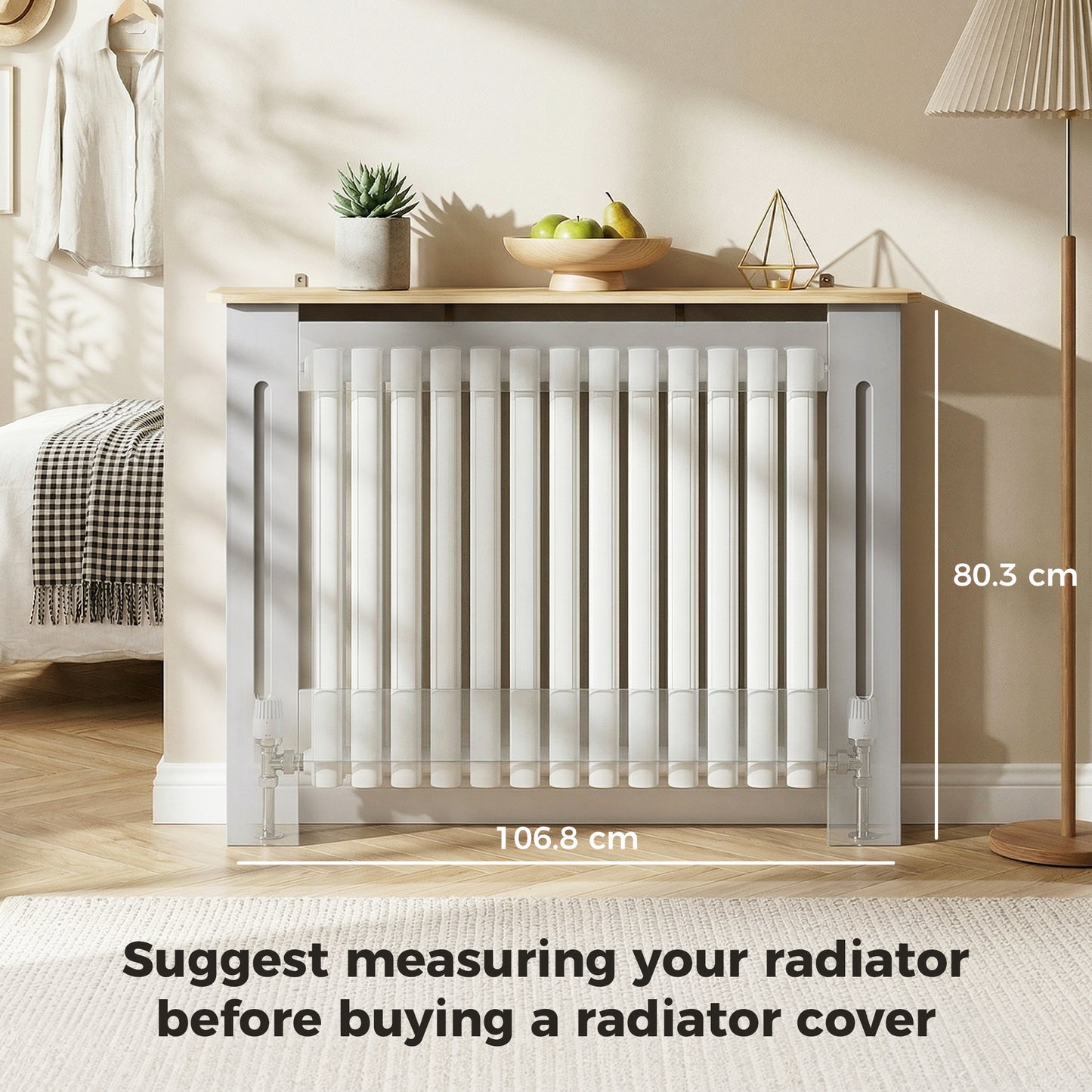 HOMCOM Slatted Radiator Cover Cabinet With Line Grill Design Grey 112 L 19 W 81 H Cm