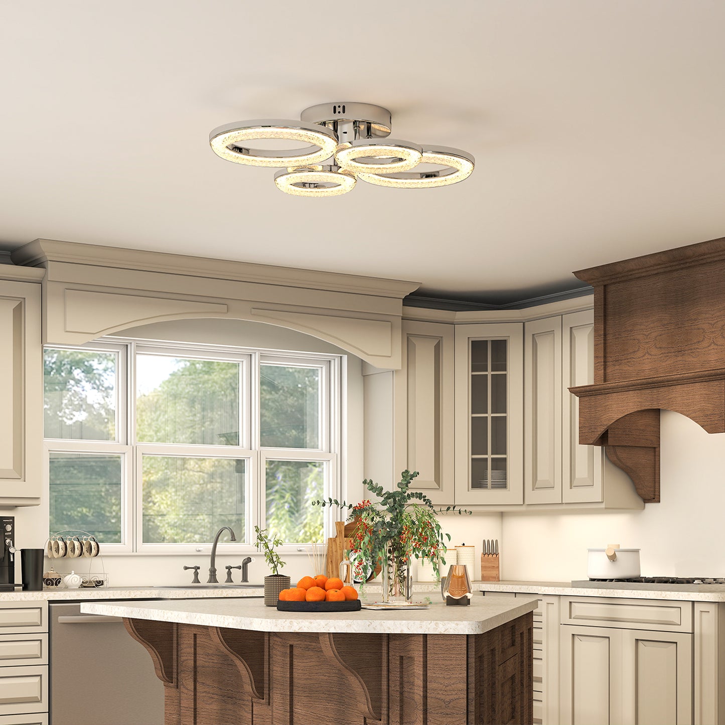 HOMCOM LED Ceiling Light 4 Ring Flush Mount With Wall Switch Control 40W 4350lm 3500K 4500K 6000K Silver