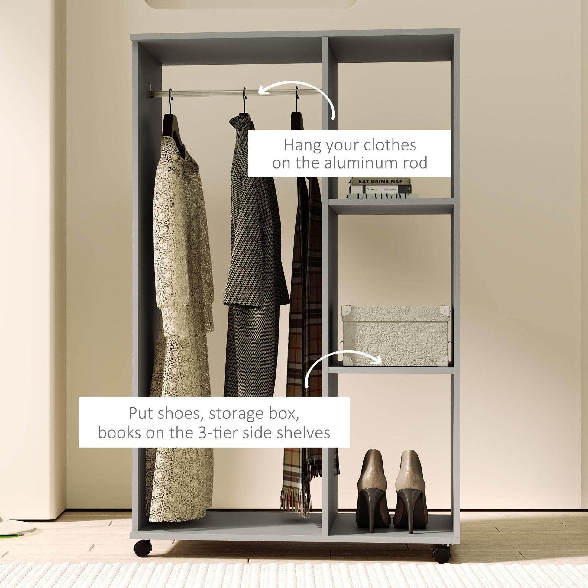 Mobile Grey Open Wardrobe with Clothes Rail and Shelves - Versatile Garment Rack on Wheels for Bedroom and Hallway - ALL4U RETAILER LTD