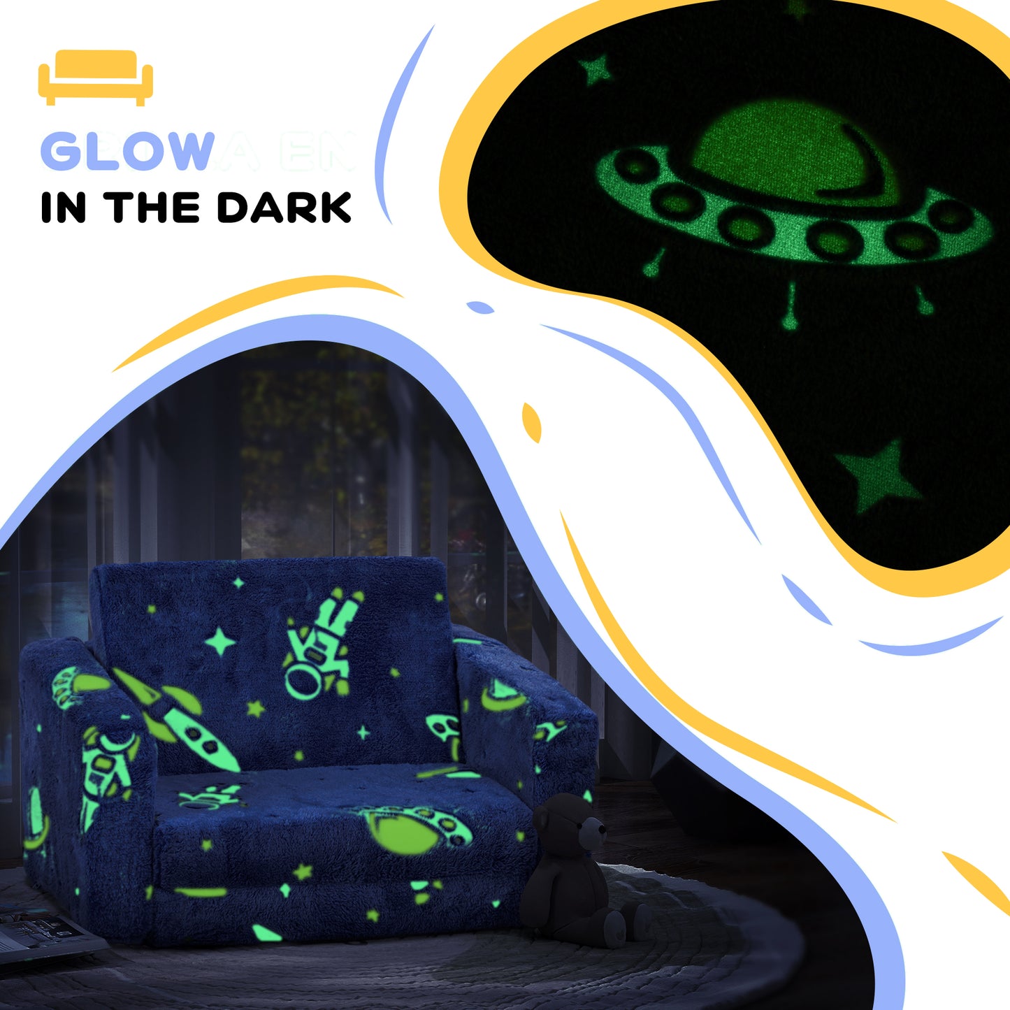 AIYAPLAY Glow-in-the-Dark Cosmic Children's Sofa Bed - 2-in-1 Foldable Chair and Bed for Kids, Washable Cushion, Blue - ALL4U RETAILER LTD