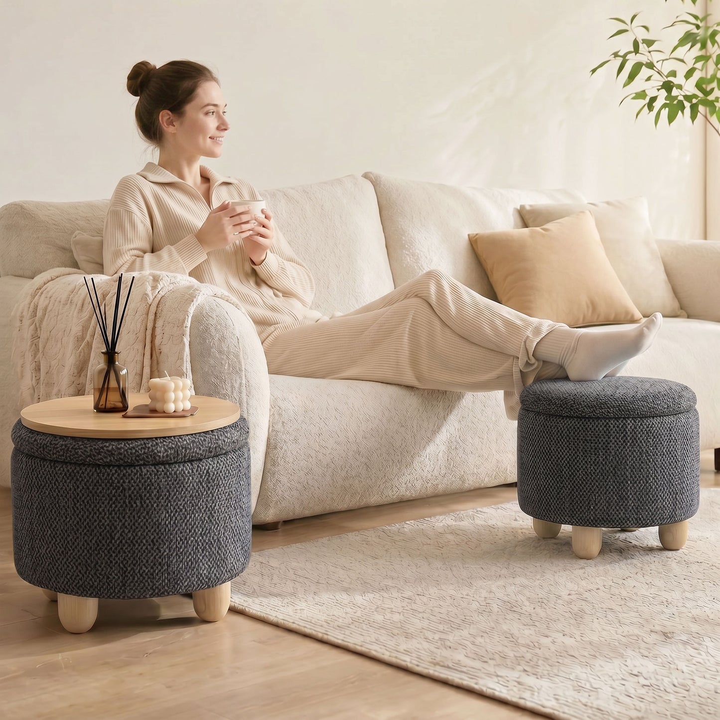 HOMCOM Round Storage Ottoman Bench With Lid And Rubberwood Legs For Living Room Dark Grey