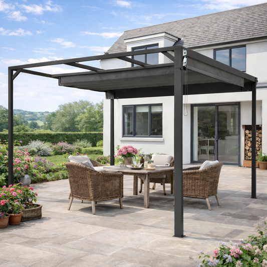 Outsunny 3x3m Aluminium Pergola With Retractable Roof And Wall For Outdoor Privacy Dark Grey