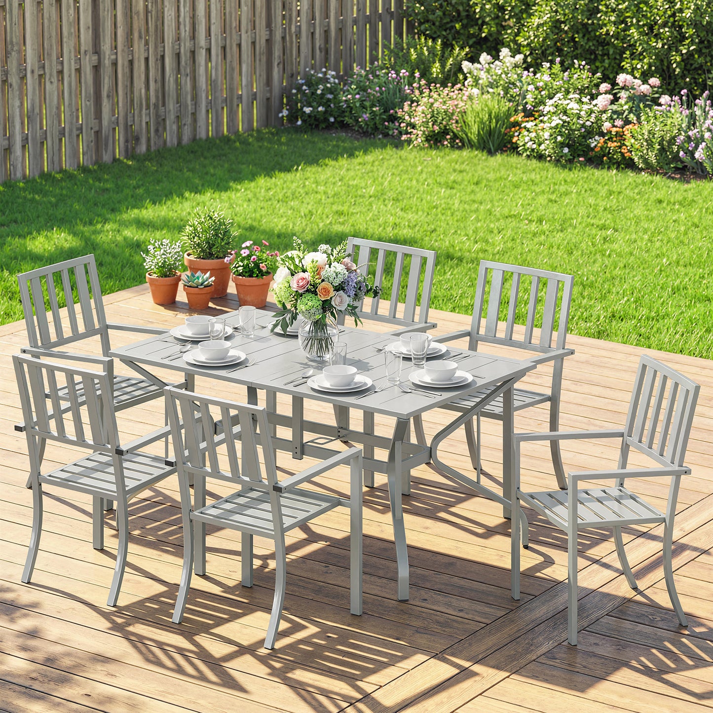 Outsunny 7 Piece Garden Table And Chairs Set With Umbrella Hole 6 Seater Outdoor Dining Set In Light Grey