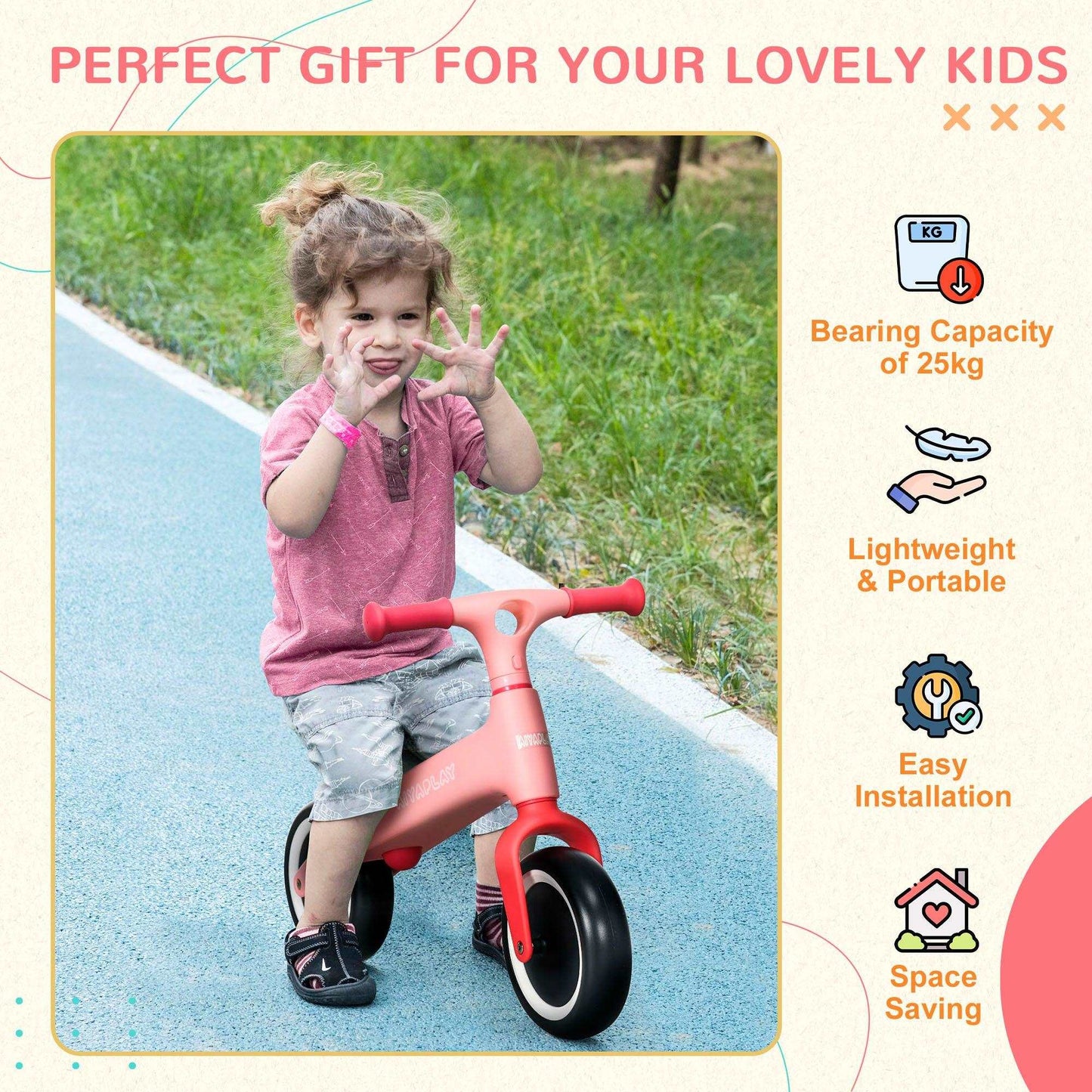 AIYAPLAY Balance Bike - Pink - 1.5-3 Years - Adjustable Seat - ALL4U RETAILER LTD