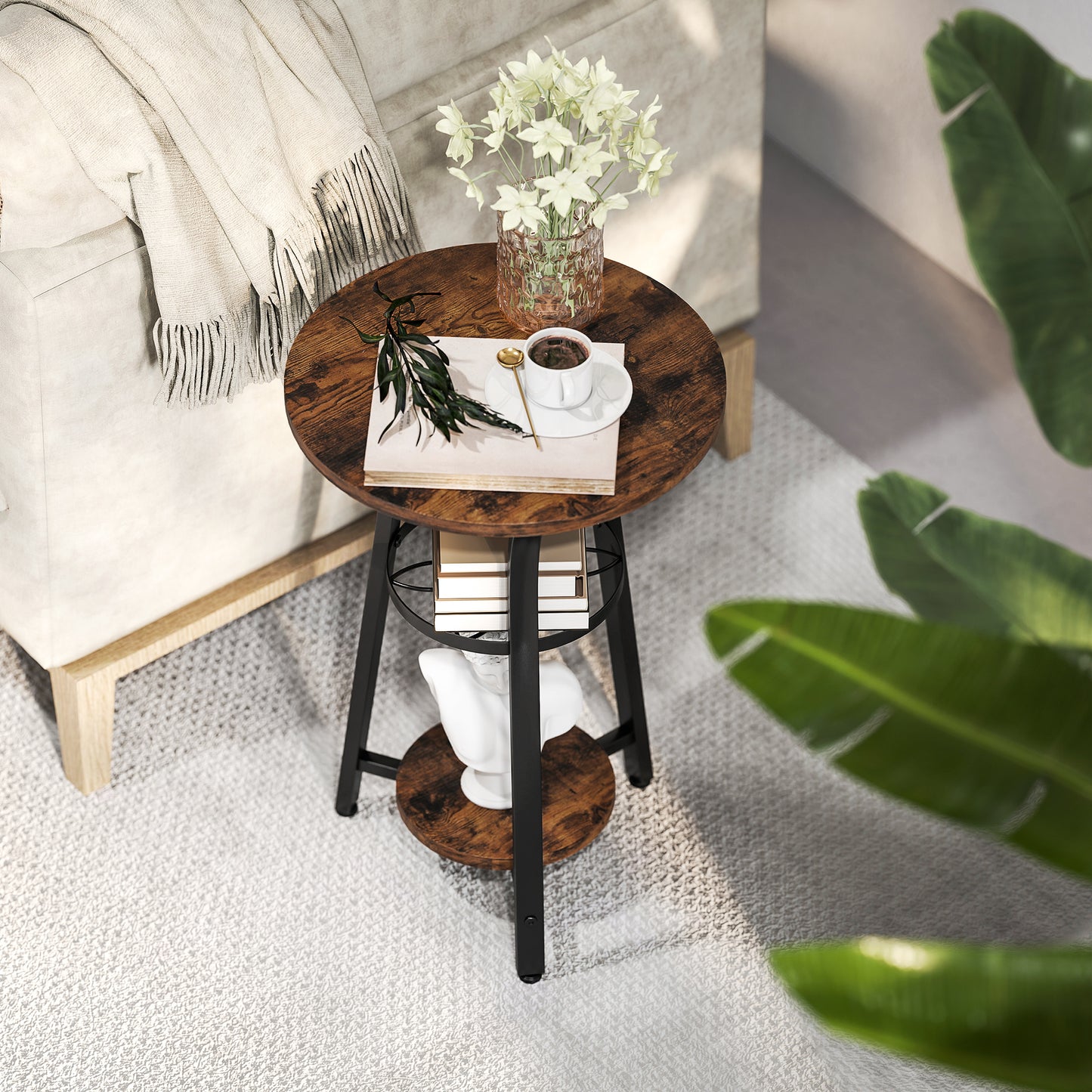 HOMCOM Small Round Side Table With Three Storage Shelves Rustic Brown And Black Metal Frame End Table