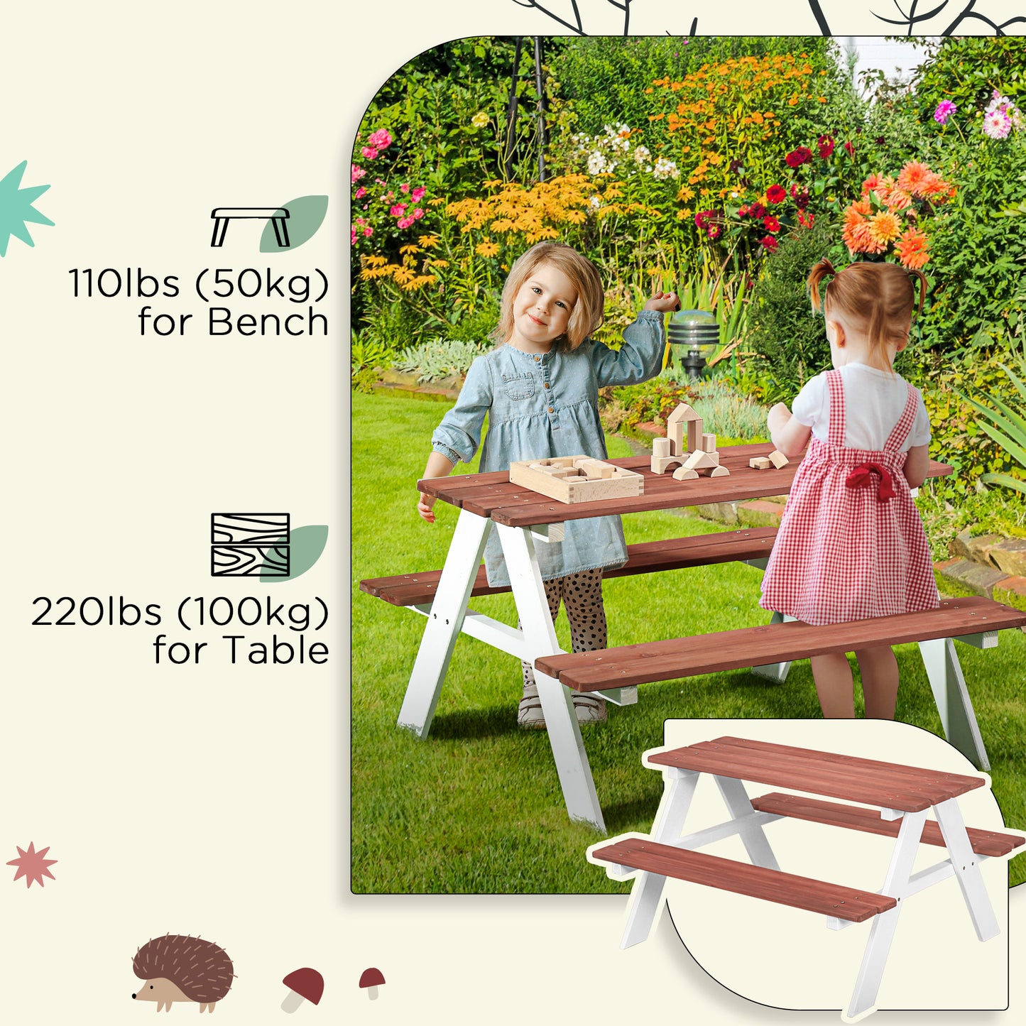Outsunny Kids Picnic Table And Bench Set Weatherproof Wooden Furniture For Patio Ages 3 To 8 Brown