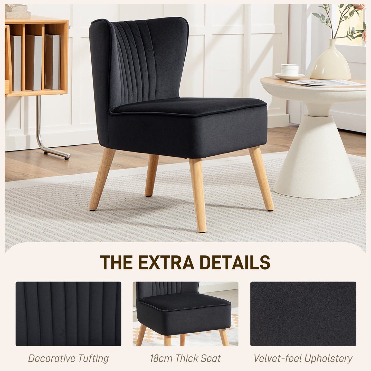 HOMCOM Modern Velvet Upholstery Accent Chair Armless Tub Chair With Rubber Wood Legs Thick Padding Black