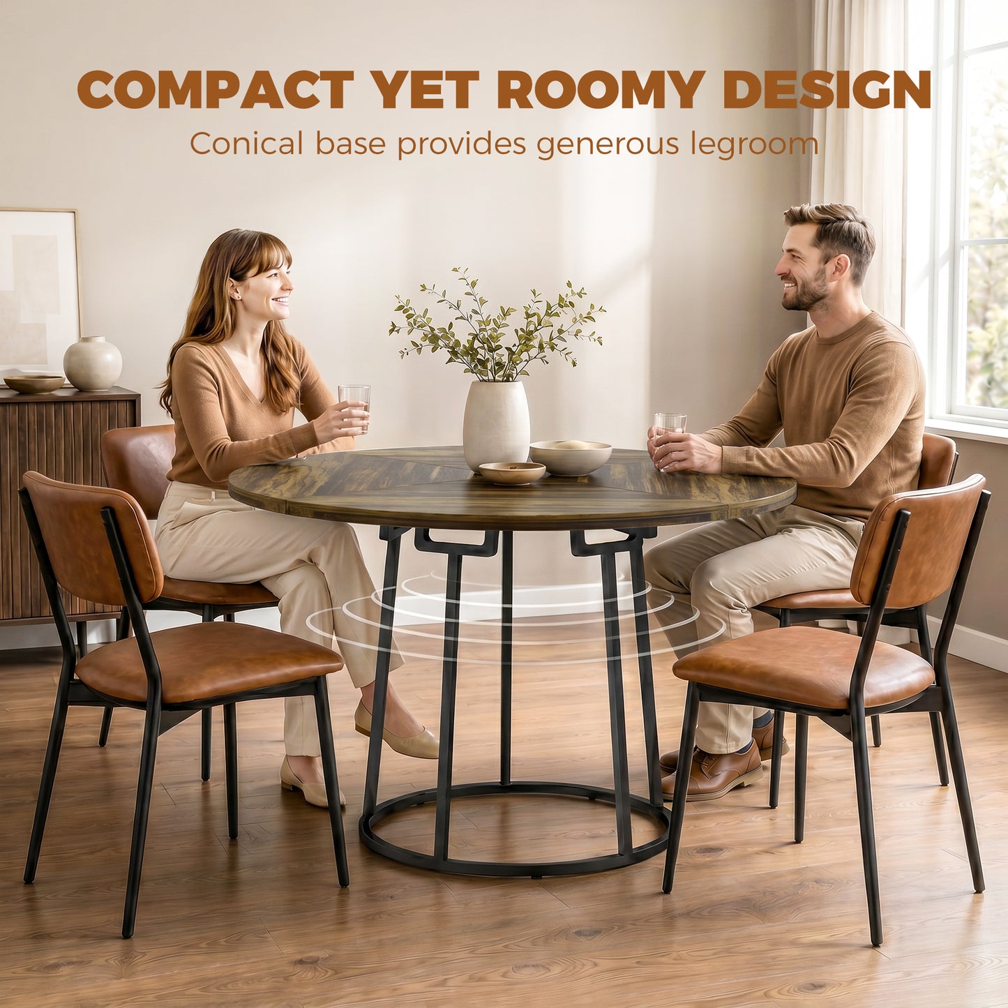 HOMCOM Round Dining Table 120 cm Space Saving Kitchen Table Conical Metal Base Rustic Brown