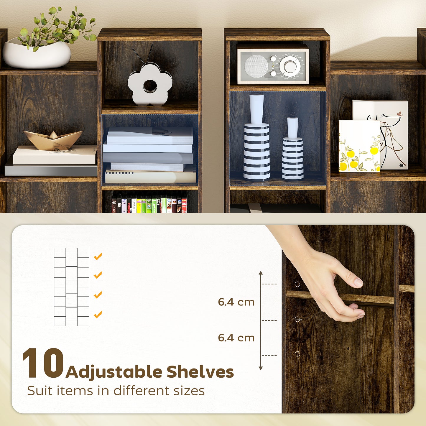 HOMCOM 21 Compartment Tall Bookshelf Brown With Adjustable Shelves And Modern Design