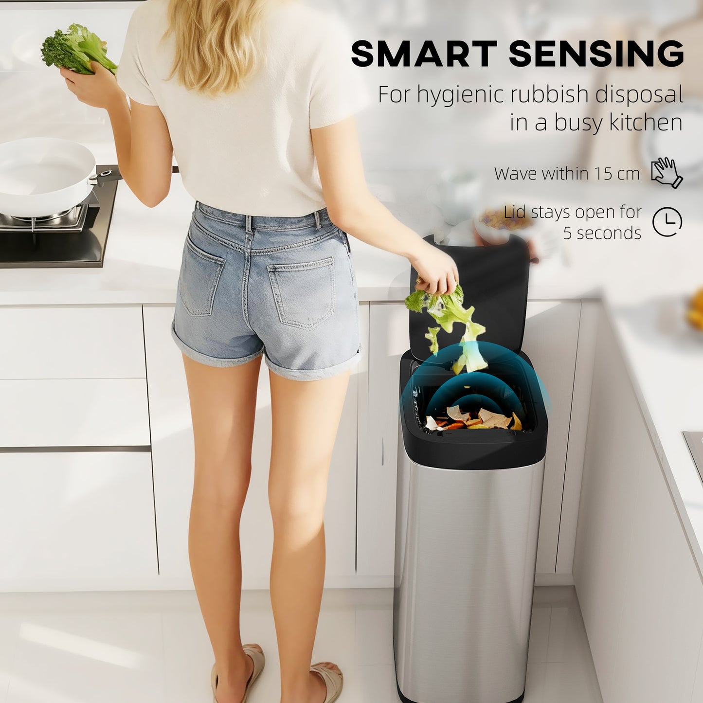 HOMCOM 50L Sensor Bin Automatic Touchless Kitchen Bin With Manual Override Battery Operated Inner Bucket Free