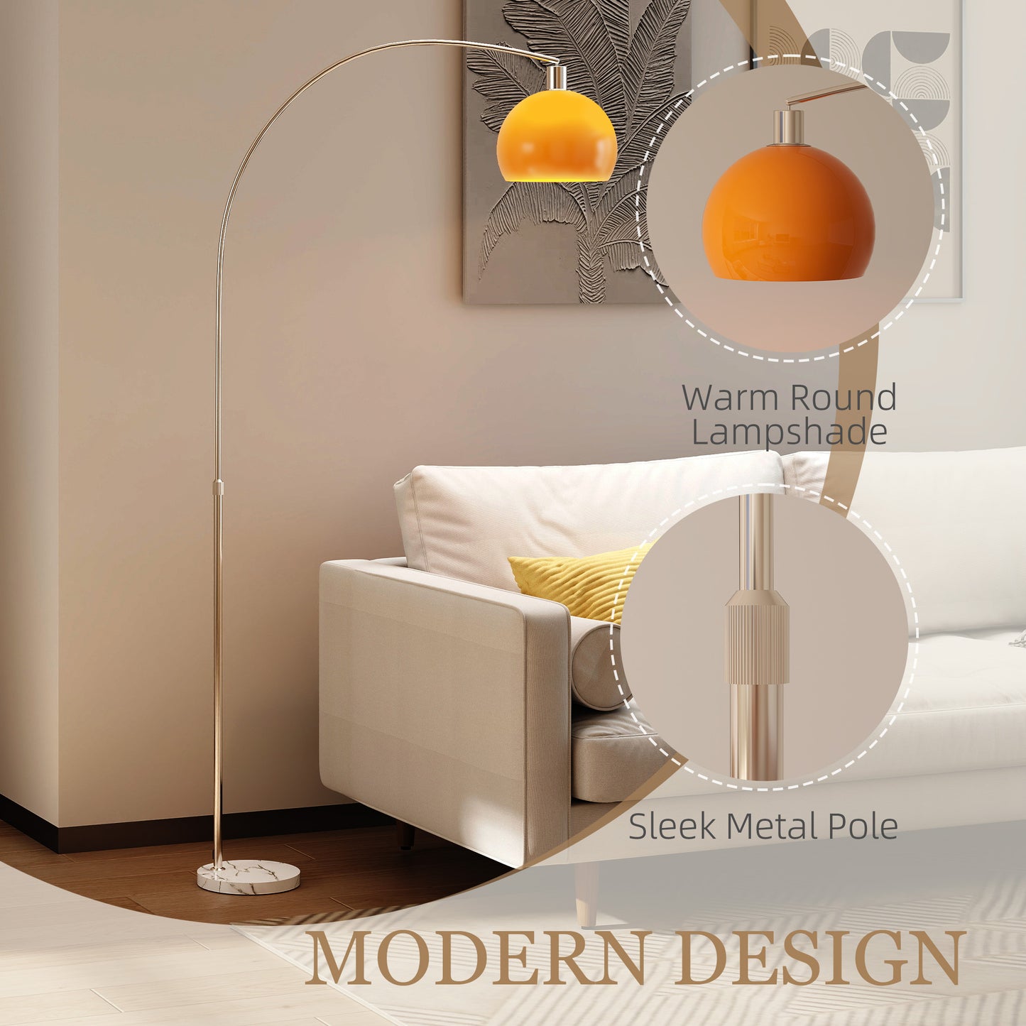 HOMCOM Floor Lamp For Living Room Modern Standing Lamp With Shade And Foot Switch Orange Marble Base Nickel Finish