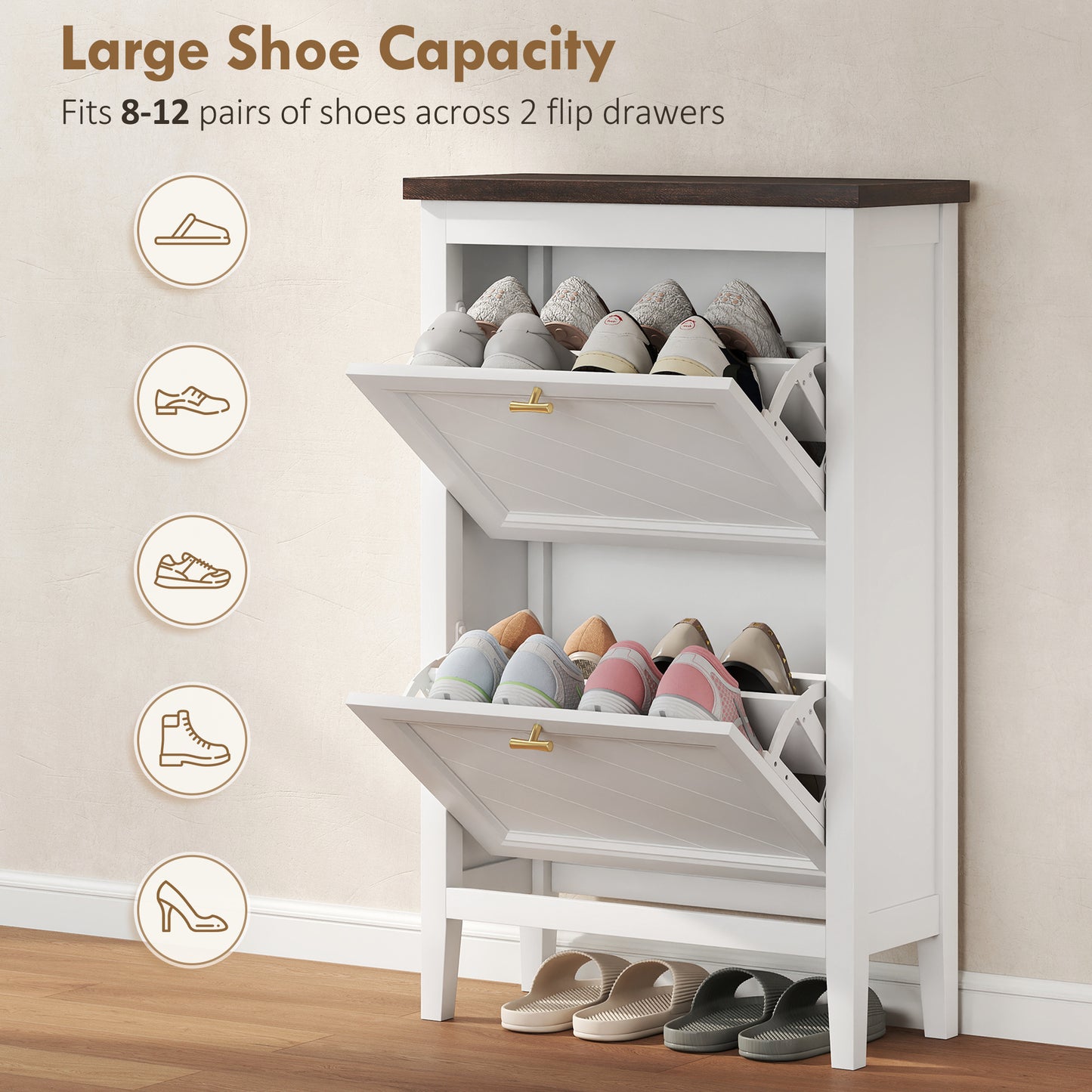 HOMCOM Narrow Farmhouse Shoe Cabinet With 2 Flip Drawers And Adjustable Shelves In White