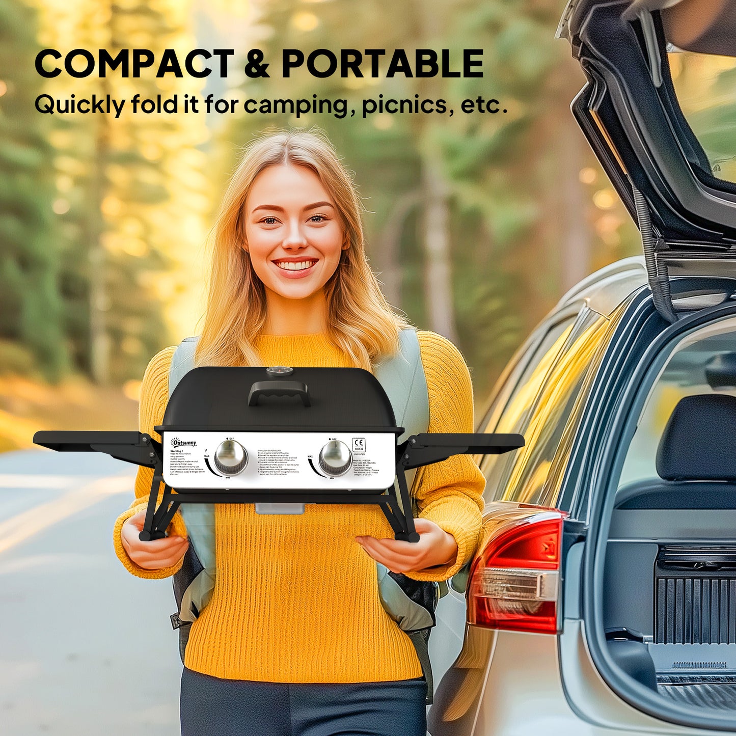 Outsunny Two Burner Compact Gas Grill Black With Piezo Ignition Side Shelves 1800 Square Centimeters Grilling Area