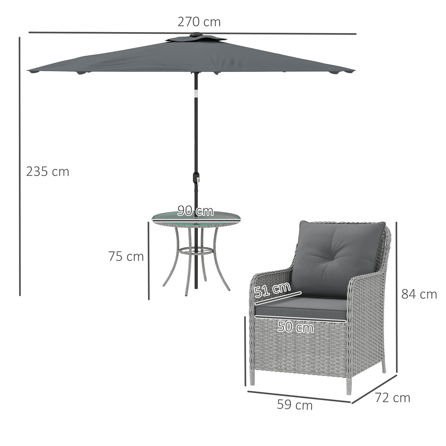 Outsunny 4 Seater Rattan Outdoor Dining Set With Round Table Parasol And Cushions Light Grey