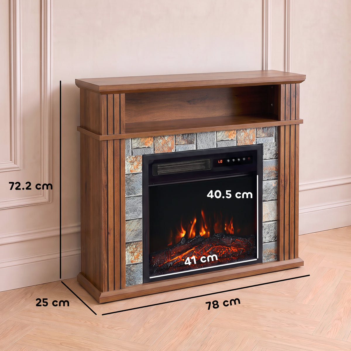 Grey electric fireplace TV stand with front view and size labels for 78 cm width