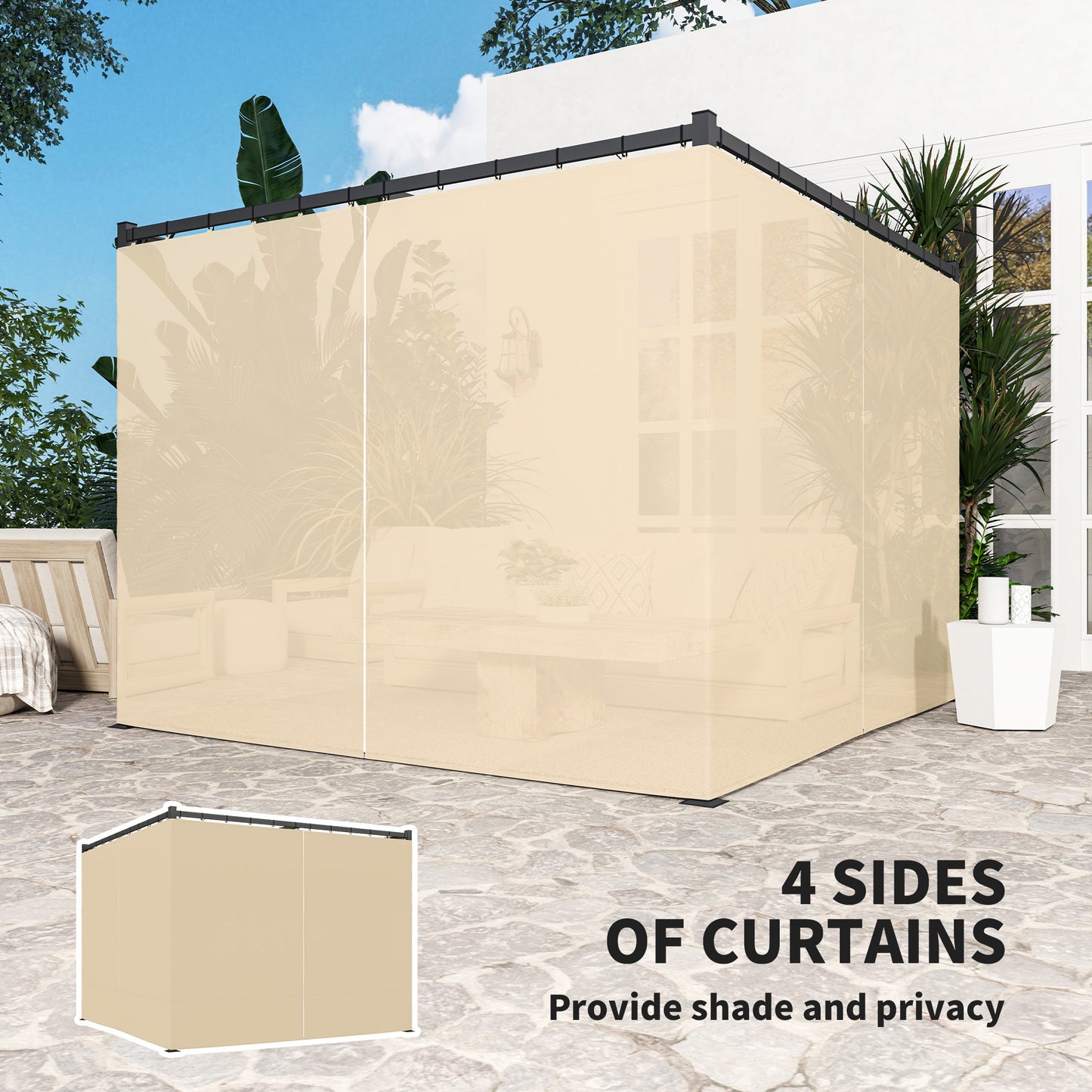 Outsunny 3x3m Retractable Roof Pergola With Curtains Khaki Patio Shade Canopy Outdoor