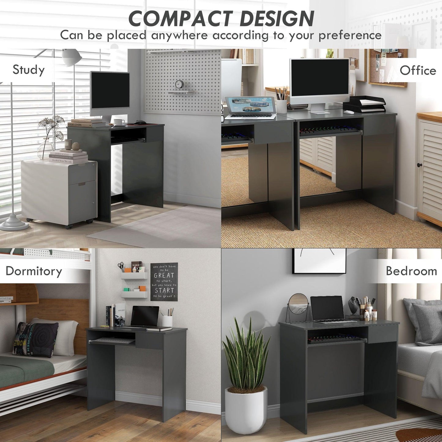 HOMCOM Compact Computer Desk with Keyboard Tray and Drawer, Study Desk, Writing Desk for Home Office, Grey - ALL4U RETAILER LTD