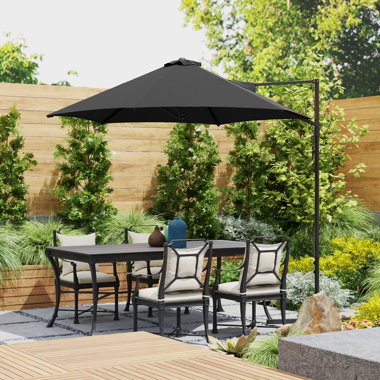 Outsunny 2.5m Rotating Cantilever Parasol With Base Black 256cm Canopy For Patio