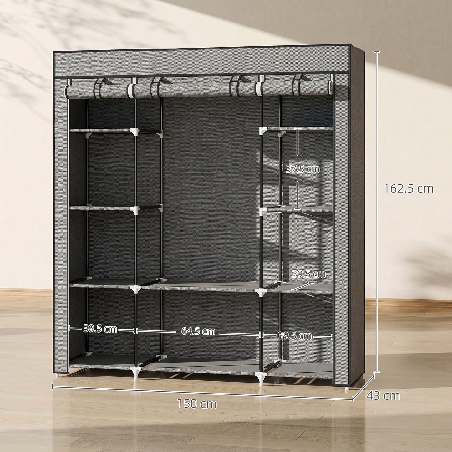 HOMCOM Fabric Wardrobe With Hanging Rail And Ten Shelves Portable Foldable Clothes Storage Dark Grey