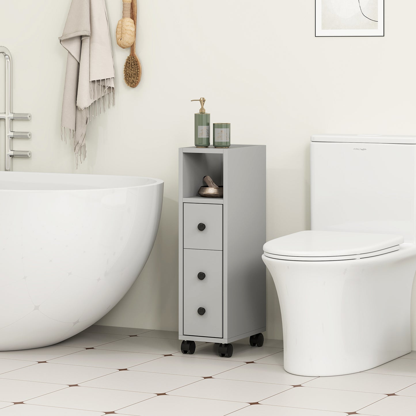Kleankin Slimline Bathroom Storage Cabinet Grey With Top Drawer And Two Open Compartments