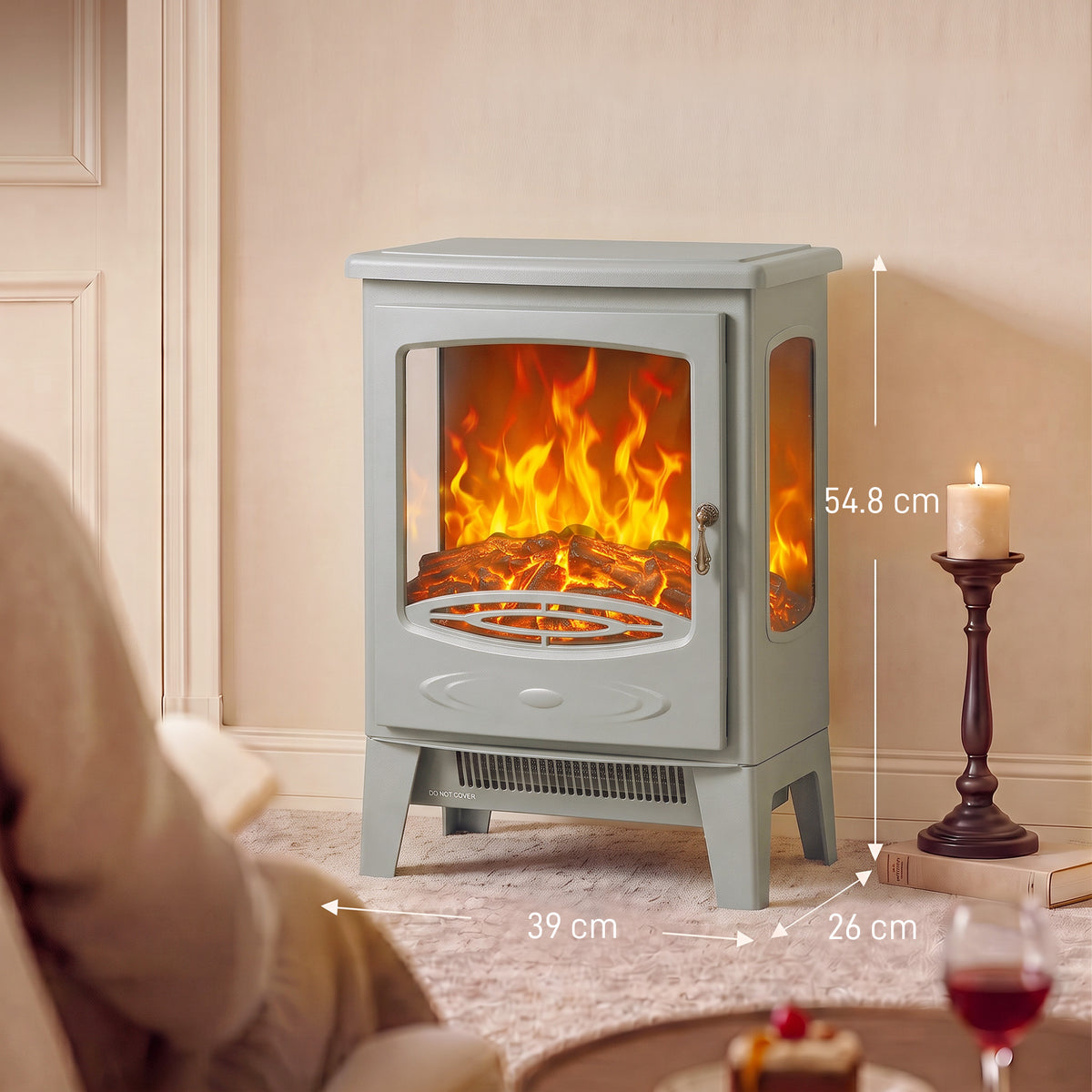 Grey electric fireplace heater with tempered glass front and bright orange LED flames