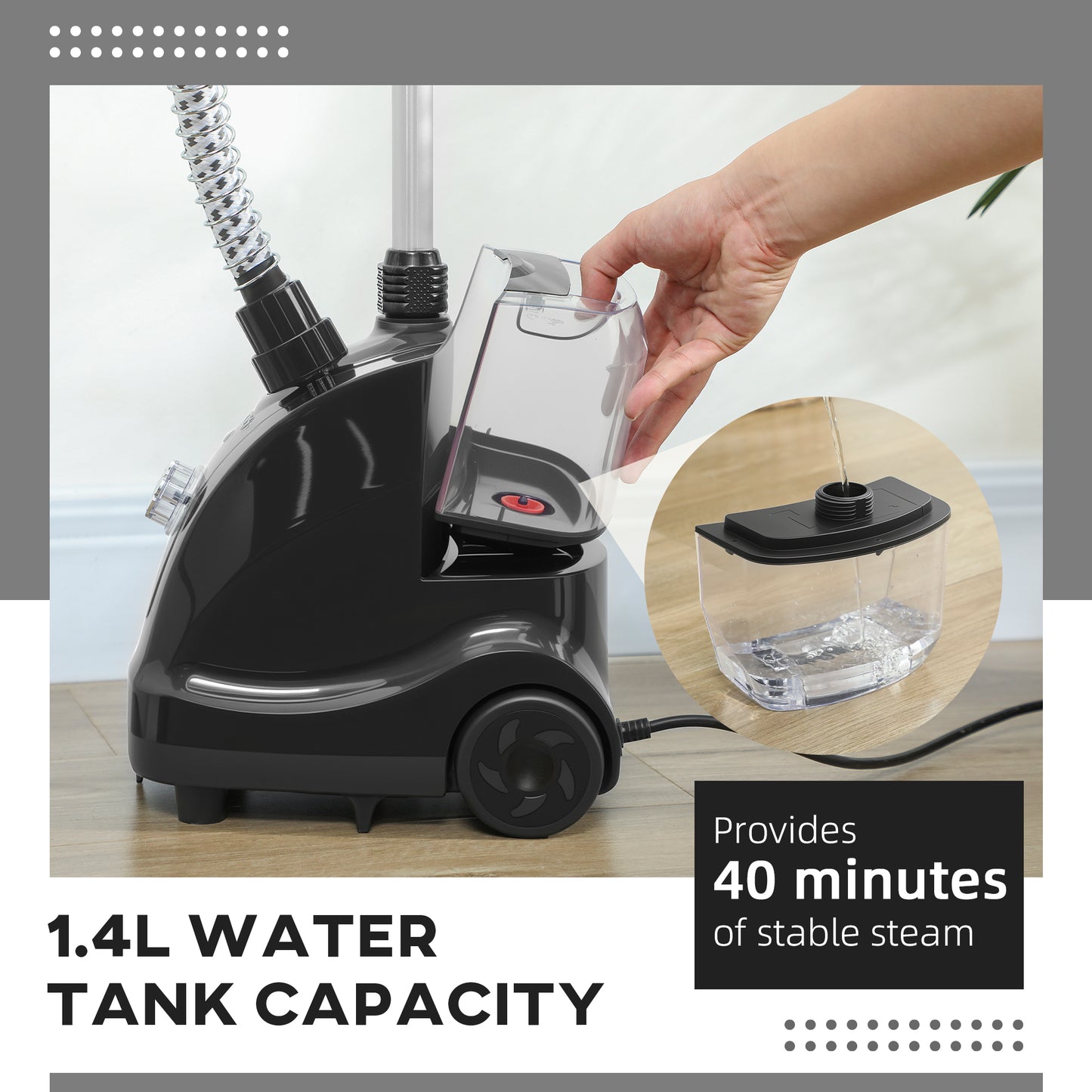 HOMCOM Clothes Steamer With Adjustable Pole Height 41 To 110 Cm And 11 Steam Levels Powerful 1950W Heater Black