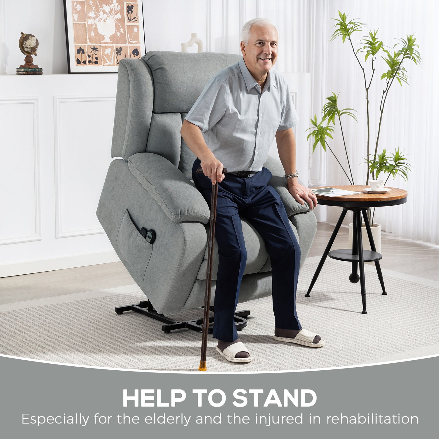 HOMCOM Eight Point Massage Electric Lift Chair Recliner With Remote Control 135 Degree Back Recline Light Grey