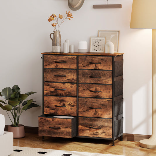 HOMCOM Chest Of Ten Fabric Drawers Rustic Brown With Steel Frame Six Small And Four Large Drawers