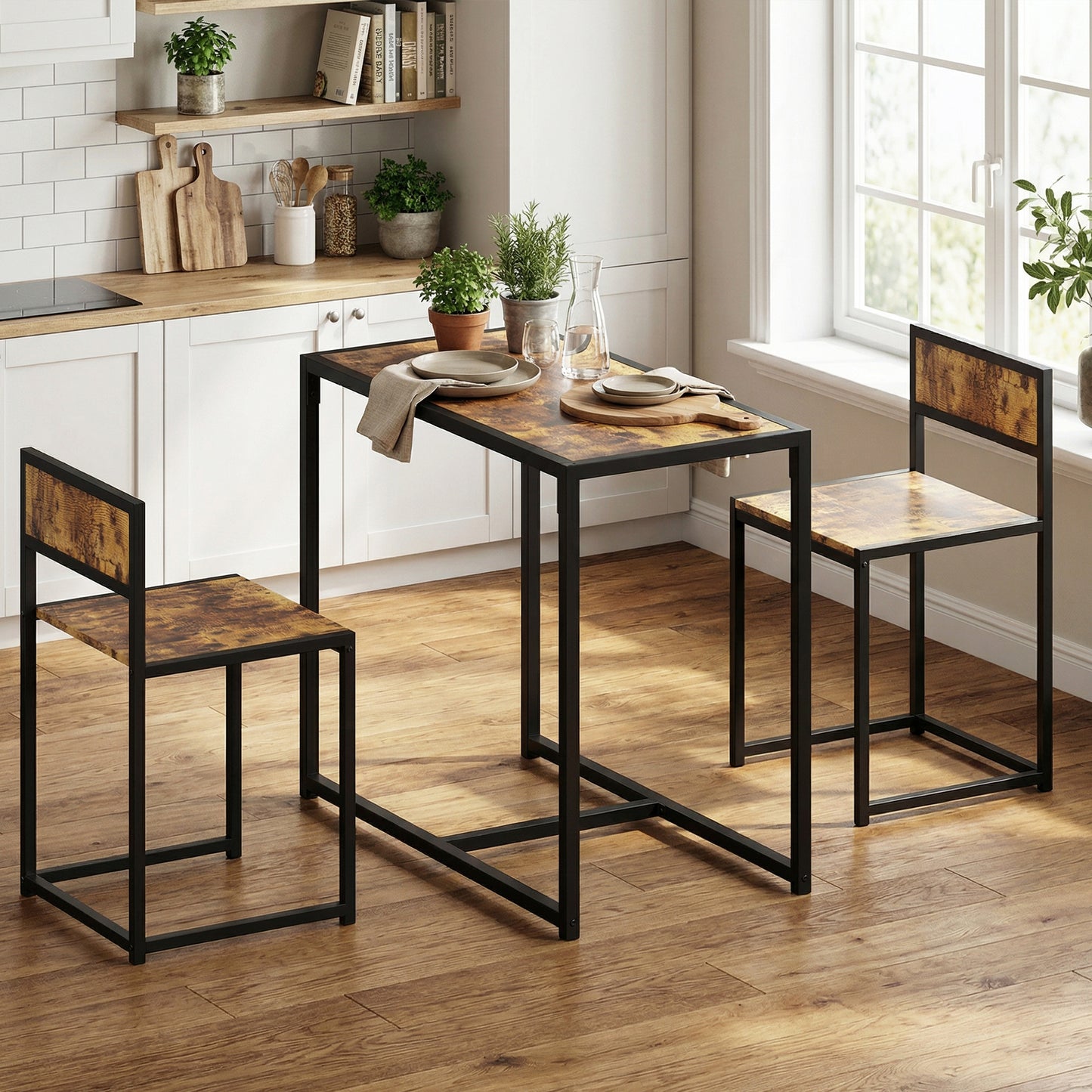 HOMCOM 3 Piece Table And Stool Set Rustic Brown For Kitchen Dining With Steel Frame And Chestnut MDF Panels