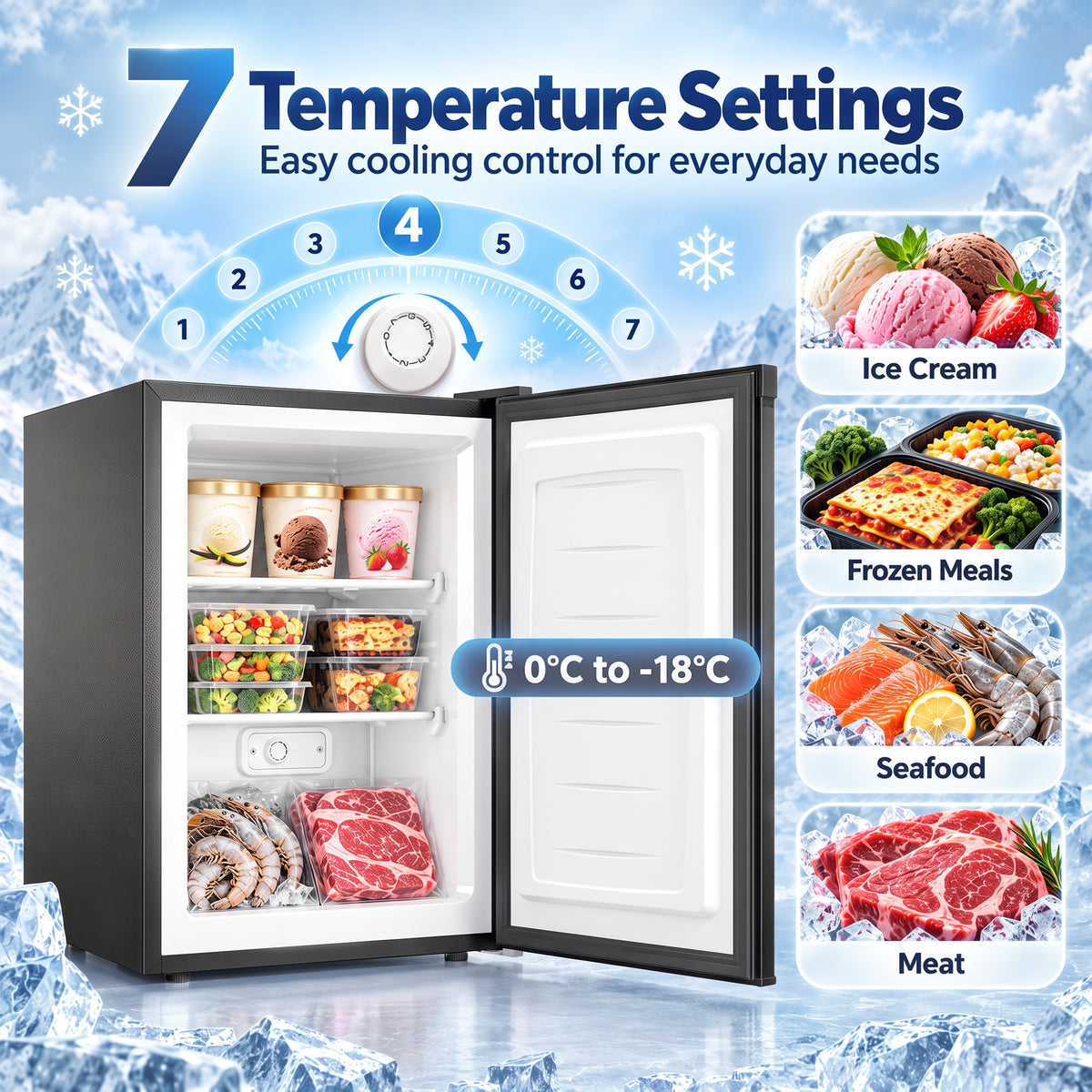 Upright mini freezer with interior shelves and temperature control graphic