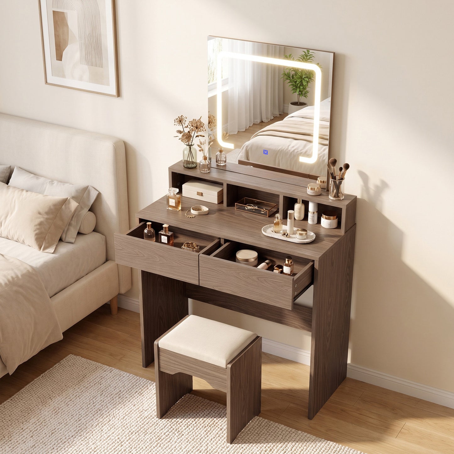 Homcom Walnut Vanity Table With LED Mirror And Two Drawers