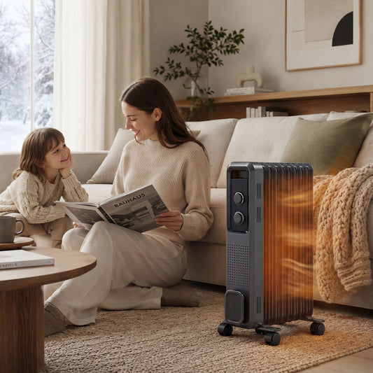 Grey oil-filled radiator heater with 9 fins and front controls, on caster wheels