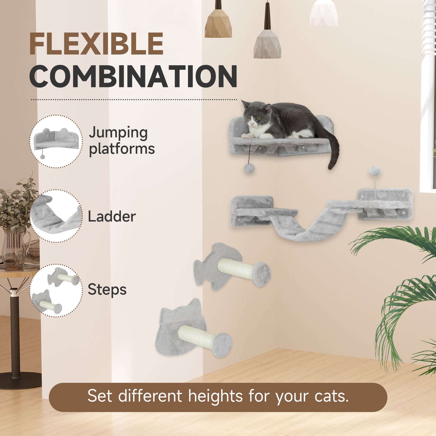 PawHut Light Grey Cat Wall Climbing Set with Steps, Ladder, and Jumping Platforms - 4PCs