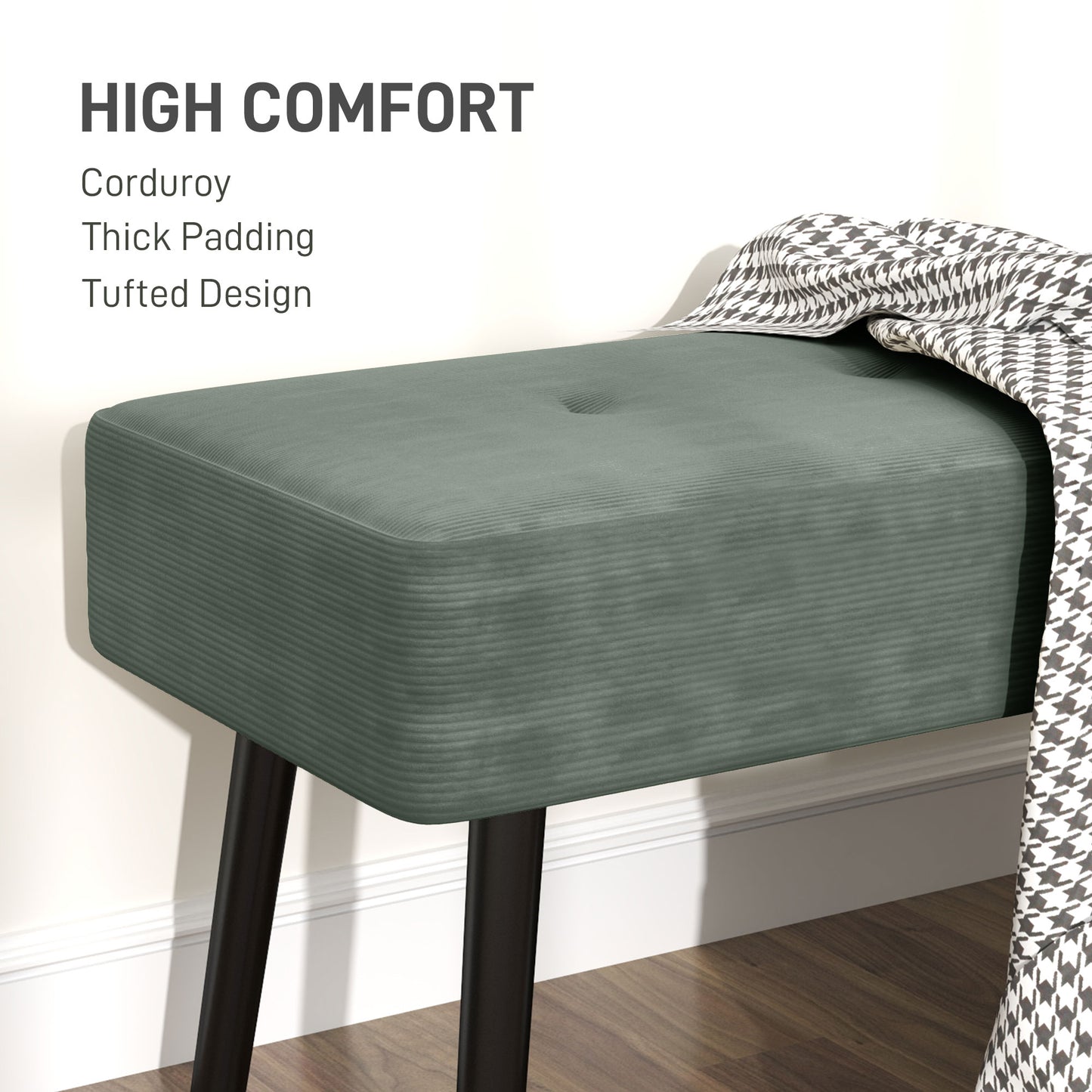 HOMCOM End Of Bed Bench Corduroy Upholstered Bedroom Bench With Thick Padding And Steel Legs Tufted Window Seat Green