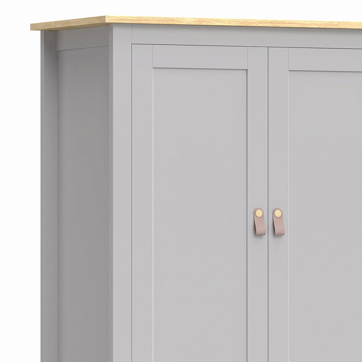 Grey pantry cupboard front with two upper doors and bronze-toned pull handles