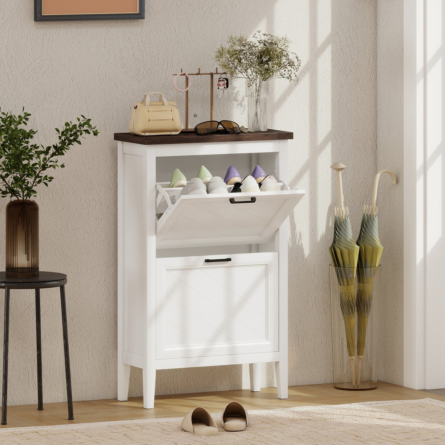 HOMCOM Narrow Shoe Cabinet With 2 Flip Drawers And Adjustable Shelves White Farmhouse Style