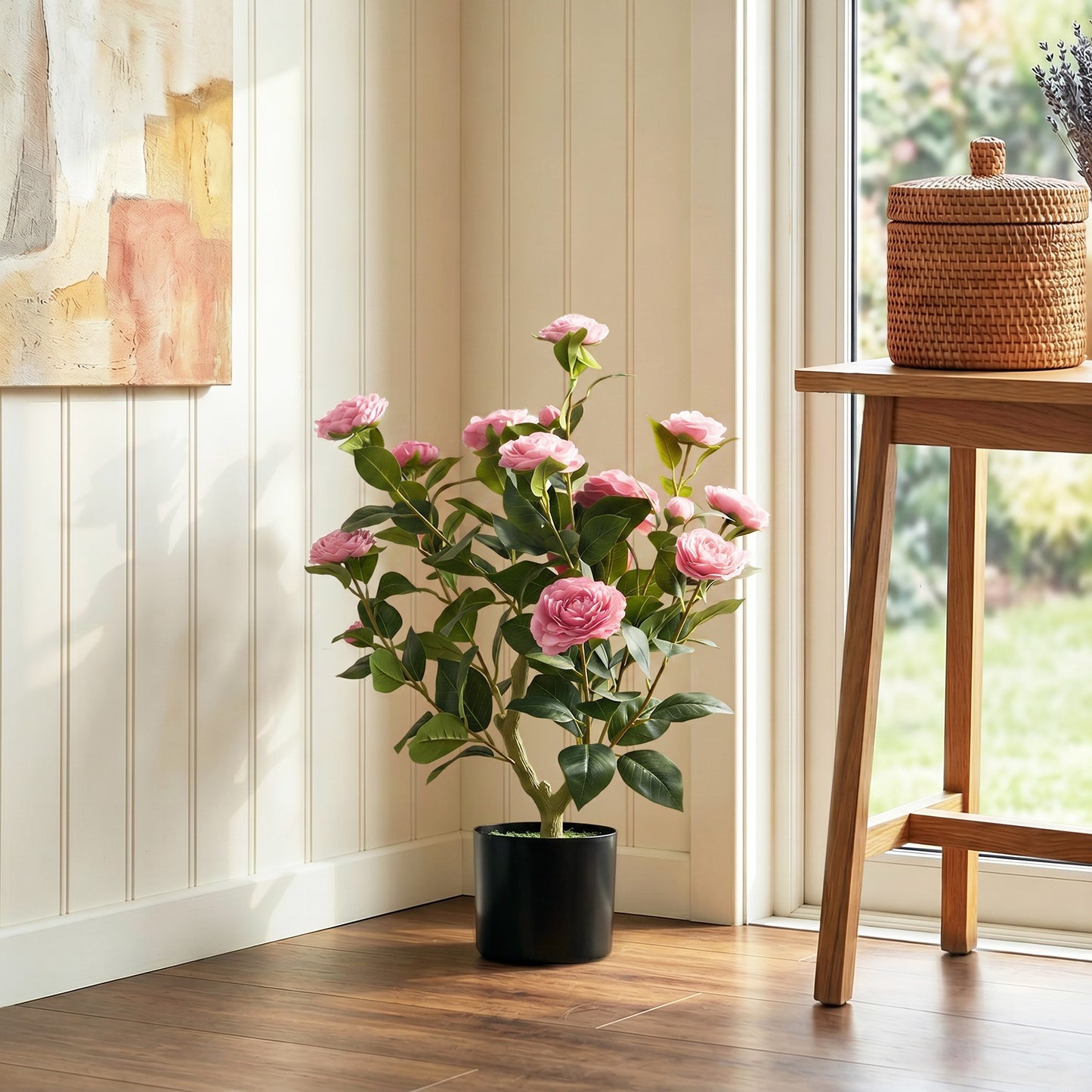 HOMCOM 65cm Artificial Camellia Flower in Pot with 116 Lush Leaves and Moss Effect Weighted Base Pink