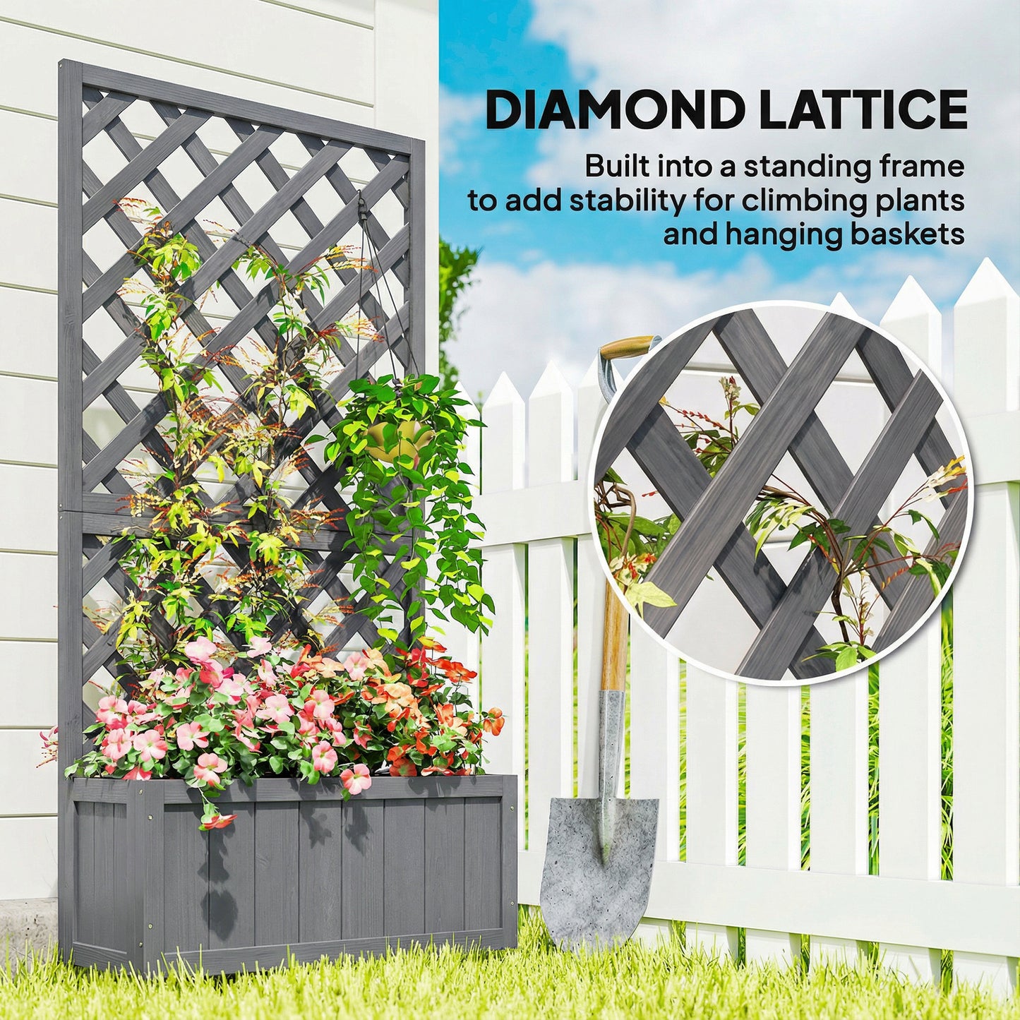 Outsunny Wooden Planter With Trellis For Climbing Plants Herbs And Flowers Raised Bed Planter Box Grey