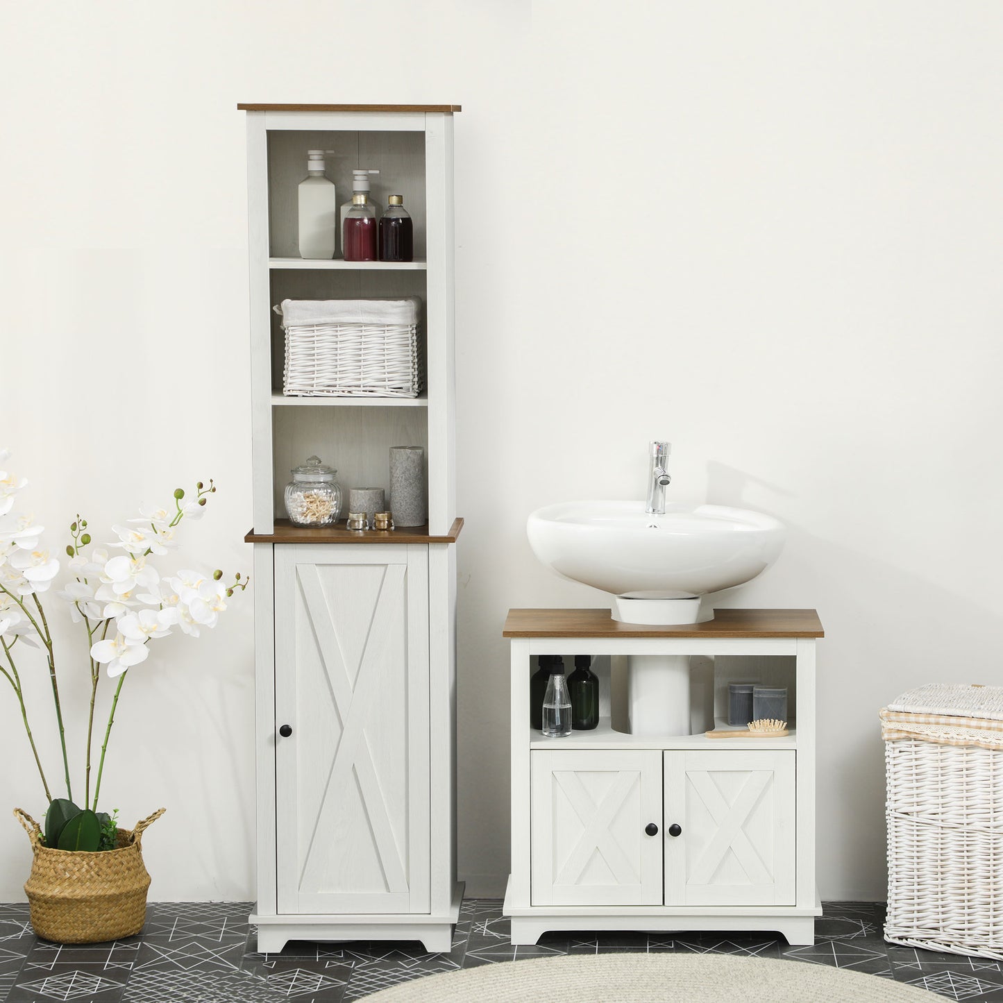 Kleankin 2 Piece Bathroom Furniture Set Tall Cabinet With Adjustable Shelves Under Sink Cabinet Ash Wood Effect