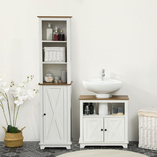 Kleankin 2 Piece Bathroom Furniture Set Tall Cabinet With Adjustable Shelves Under Sink Cabinet Ash Wood Effect
