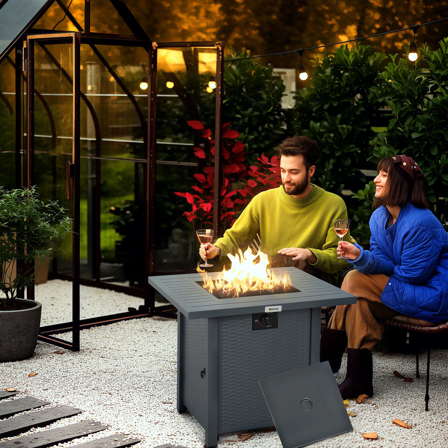 Outsunny Rattan Style Propane Gas Fire Pit Table 40000 BTU Smokeless Square Patio Heater with Thermocouple Lava Rocks