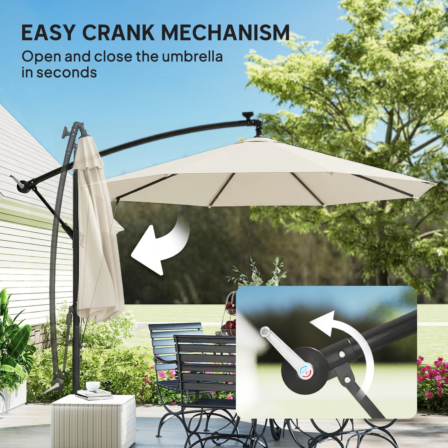Outsunny 3 Meter Cantilever Parasol With Solar LED Lights Garden Umbrella Cream White Cross Base