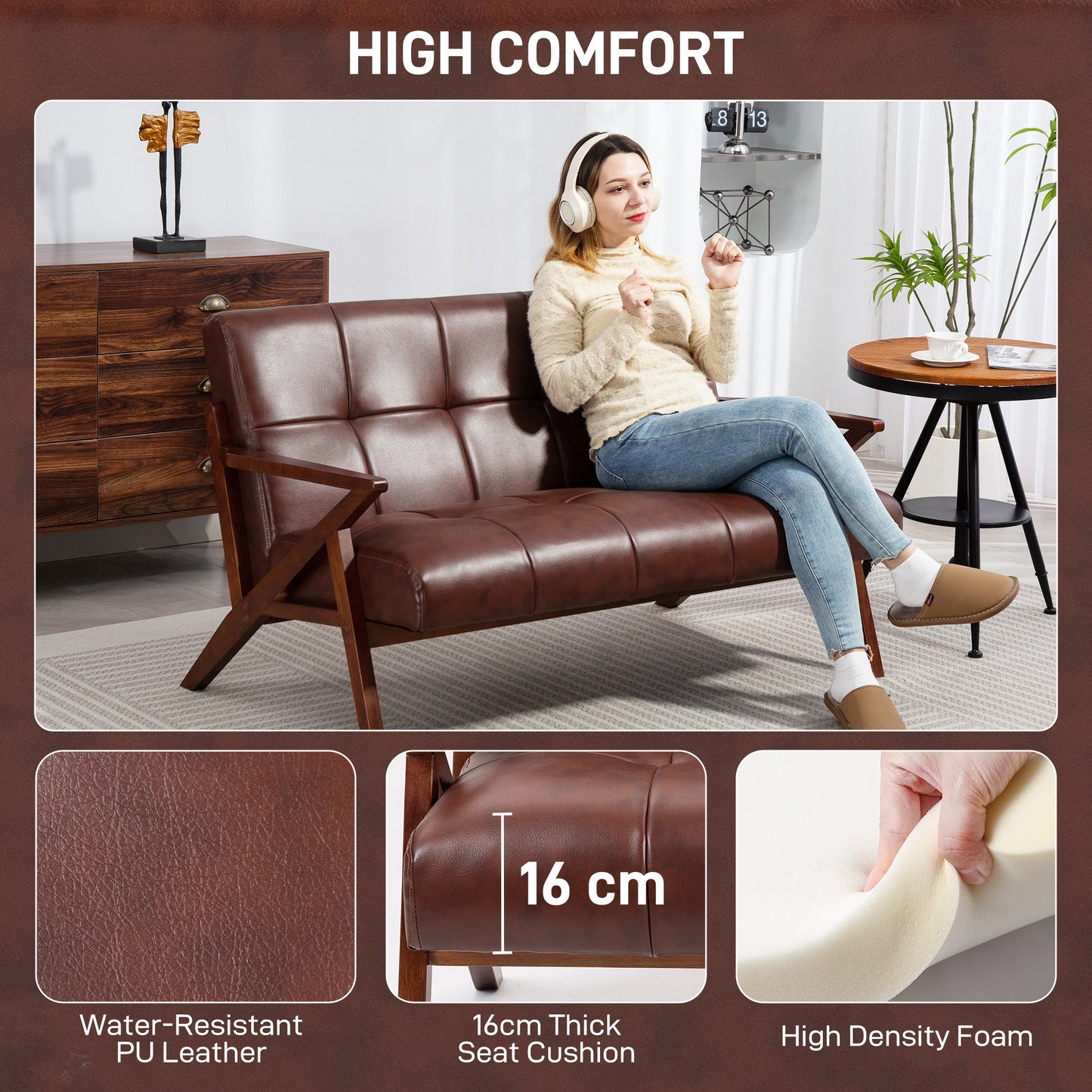 HOMCOM Compact 2 Seater Sofa Vintage Tufted Loveseat With Solid Wood Legs PU Leather Small Couch Settee Living Room