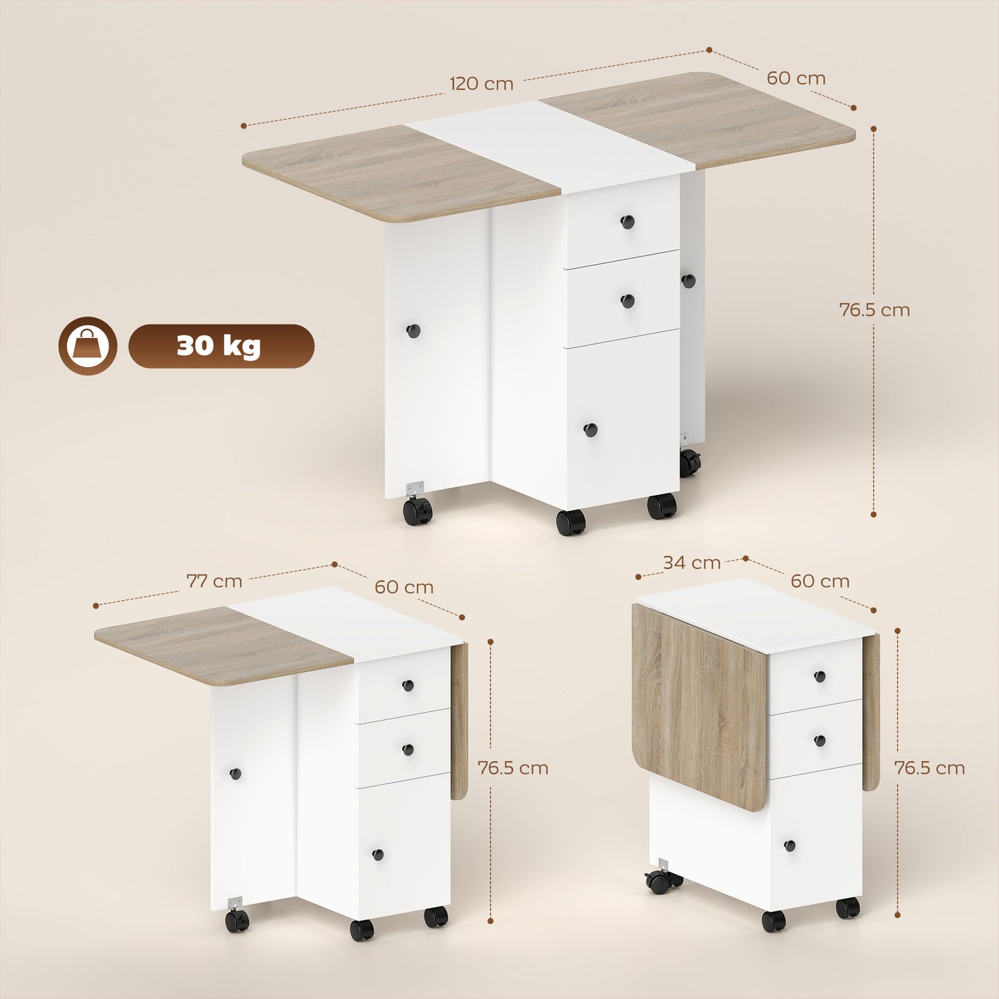 HOMCOM Multi Storage Drop Leaf Dining Table for Six Oak and White Space Saving Folding Table with Dual Leaves