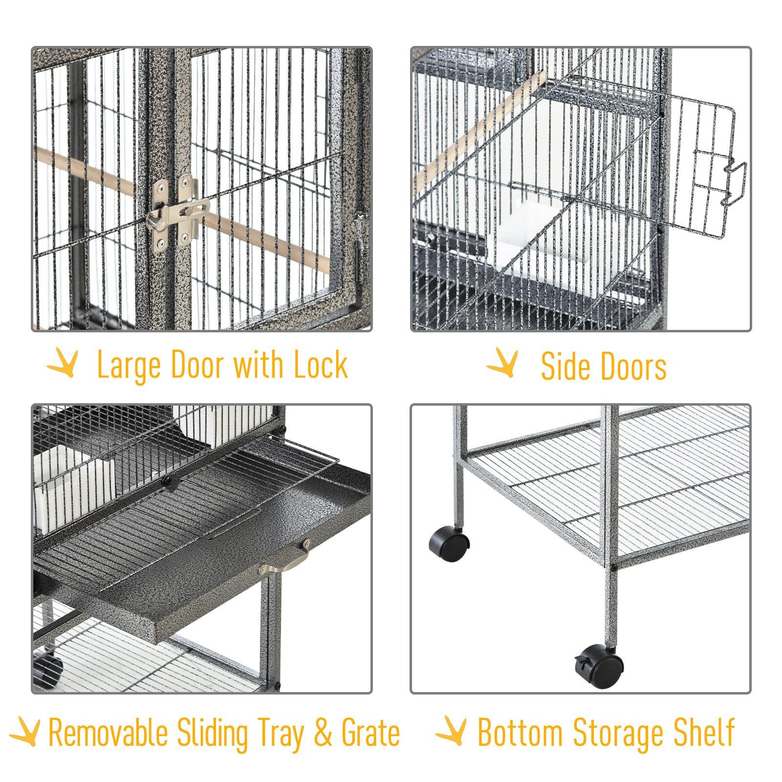 PawHut Double Rolling Metal Bird Cage with Storage Shelf and Food Container - ALL4U RETAILER LTD